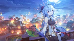 Genshin Impact Ganyu materials: An anime woman with long blue hair leans backwards against a railing. Over her shoulder, the lights of dozens of buildings gleam in the darkness, themselves illuminated brightly by a brilliant moon overhead
