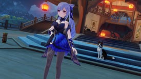 Keqing's Opulent Splendor outfit in a Genshin Impact screenshot.