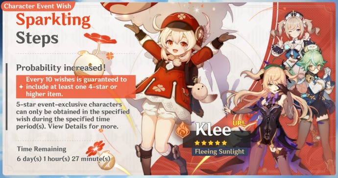 A Genshin Impact screenshot of the Klee Character Event Wish banner.