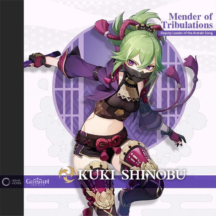 Genshin Impact's Kuki Shinobu in her character card, featuring her title Mender of Tribulations and subtitle Deputy Leader of the Arataki Gang.