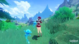Genshin Impact Lakelight Lily locations: An anime woman with short pink hair, wearing a red romper, is standing in a green field near a Lakelight Lily.