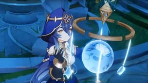Genshin Impact Layla: An anime girl with a red headdress and gold circlet rests her hand on an icy mobile
