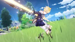 Genshin Impact Mika build: An anime boy with short blonde hair, wearing white shorts and a deep blue jacket, is thrusting a spear toward the camera