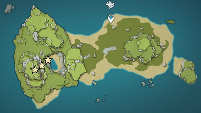 A map of Minacious Isle, part of the Golden Apple Archipelago in Genshin Impact, showing the locations of Phantasmal Conches in Version 2.8.