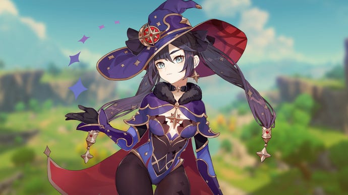 Promotional art of the character Mona from Genshin Impact.
