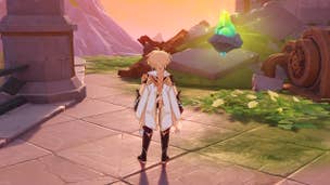 Genshin Impact Mysterious Ore locations: An anime man with blonde hair is standing on a stone surface with a large chunk of green ore in front of him