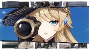 Genshin Impact Navia materials: An anime woman with brown-blonde hair, wearing an elaborate black hat with a floppy brim that has a single blue crystal hung from it like an earring, is standing with a telescope pressed to her right eye.