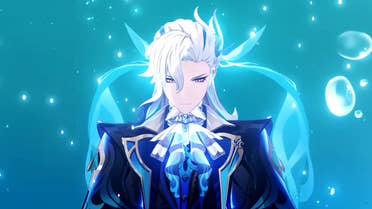 Genshin Impact Neuvillette build: A tall anime man with flowing white hair, wearing a chic blue coat with a buoyant cravat, is standing underwater, surrounded by bubbles.