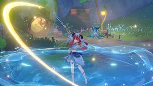 Genshin Impact Nilou materials: An anime woman with red hair in pigtails, wearing a blue and white dress with an elaborate horned headpiece, is standing on a dirt path outside a brightly lit acorn home. A pool of water surrounds her, and she's stepping forward while slashing upward with a sword