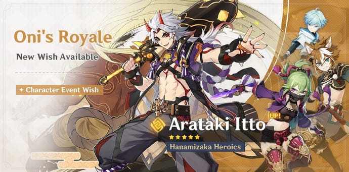 The Oni's Royale banner from Genshin Impact as it appeared in June/July 2022, showing exclusive character Arataki Itto and featured characters Chongyun, Gorou, and Kuki Shinobu.