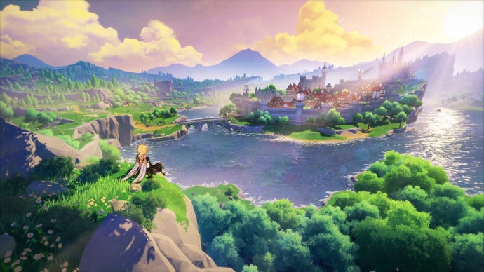 मुख्य गेनशिन प्रभाव चरित्र को दिखाने वाली कलाकृति एक पहाड़ी पर बैठे हुए खेल की एनीमे की दुनिया को देखती है।