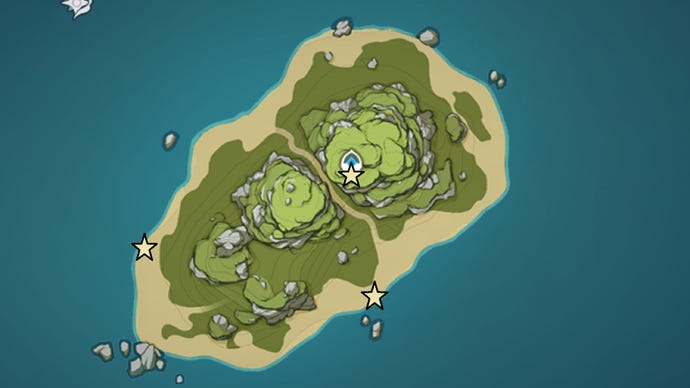 Un mapa de Pudding Isle, parte del archipiélago de manzana dorada en el impacto de Genshin, que muestra las ubicaciones de las cartas fantasmales en la versión 2.8