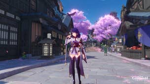 Genshin Impact Raiden Shogun materials list: An anime woman with short purple hair and a long braid is standing in the middle of a stone-paved street, with vibrant purple trees behind her. A bird rests on her right hand.