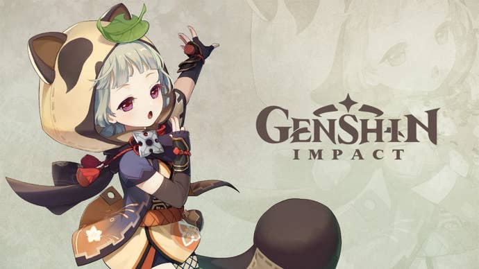 Genshin Impact Sayu build: An anime girl wearing a tanuki costume stands against a beige background