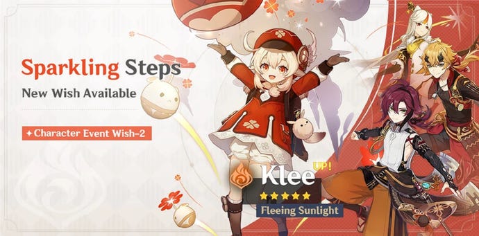 The Sparkling Steps banner from Genshin Impact as it appeared in July 2022, showing exclusive character Klee and featured characters Shikanoin Heizou, Ningguang, and Thoma.