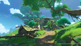 A teaser trailer scene showing Sumeru in Genshin Impact: a winding mountain path leads between huts up towards the gateway to a fantasy tree palace.