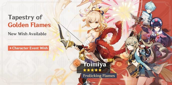 The "Tapestry of Golden Flames" banner as it appeared in Genshin Impact in May/June 2023, featuring Yoimiya alongside Chongyun, Yun Jin, and Kirara.