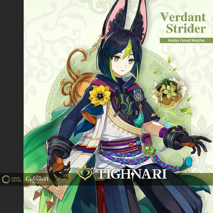 Tighnari's full character intro card from Genshin Impact, including his title "Verdant Strider: Avidya Forest Watcher".