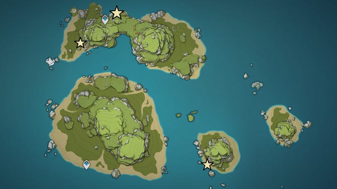 A map of Twinning Isle, part of the Golden Apple Archipelago in Genshin Impact, showing the locations of Phantasmal Conches in Version 2.8.