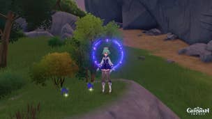 Genshin Impact Wolfhook locations: An anime girl with short green hair, wearing a blue romper, is standing on a dirt path in a wooded area at dusk. To her right is a cluster of purple berries