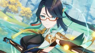 Genshin Impact Xianyun materials: Xianyun, an anime woman with long black hair, wearing a feather-themed green suit, is suspended in midair over a jade-green pool by the power of wind.