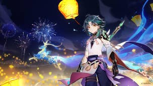 Genshin Impact Xiao materials: Genshin's Xiao, wearing his ceremonial outfit and standing under a brightly lit night sky. A single paper lantern drifts overhead