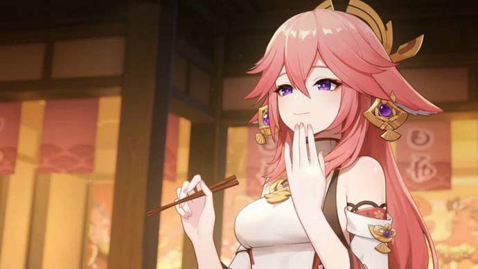 Genshin Impact Yae Miko build: An anime woman with pink  hair holds a writing pen to her lips