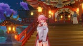 Genshin Impact Yae Miko materials: Yae Miko stands in front of a lantern-lit shrine with her chin in her hands