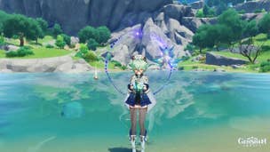 Genshin Impact Sucrose build: An anime girl with short green hair, wearing a blue romper, is standing near a calm lake. She holds a green phial in one hand and a green bottle in another and wears a nervous expression on her face.