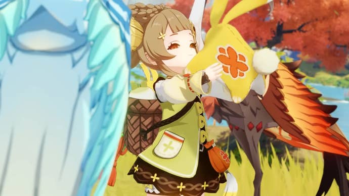 Genshin Impact Yaoyao build: An anime girl with a light green vest and brown hair in pigtails is holding a plush rabbit while standing near a large blue heron