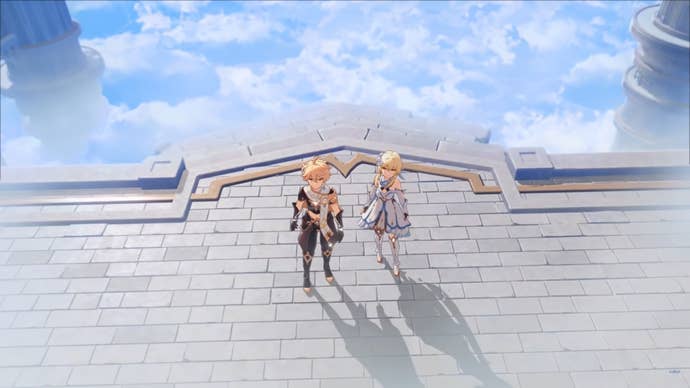 The traveller and their sibling in the Genshin opening cinematic.