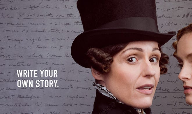 Suranne Jones as Anne Lister against a background of her journal