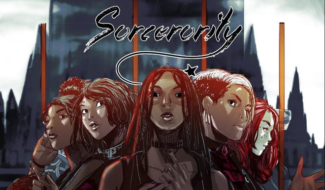 Illustration featuring five women in different black costumes, above the women is the title Sorcerority