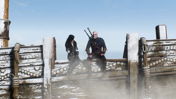 A screenshot from The Witcher 3. Yennefer sits next to Geralt on the side of a frozen ship. She's turned to look at him.