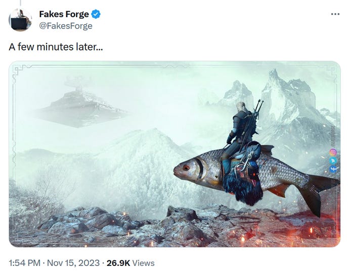 Ein Twitter/X-Beitrag, der ein modifiziertes Bild des The Witcher 3-Protagonisten Geralt zeigt, der auf einem Fisch in Richtung schneebedeckter Berge reitet