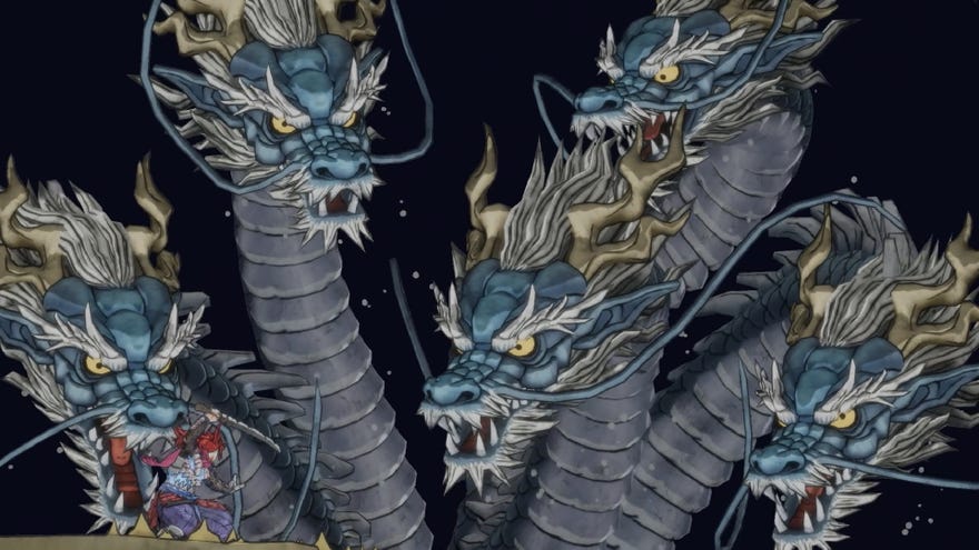 A multi-headed dragon looms over GetsuFumaDen's protagonist, who readies his sword for a fight.