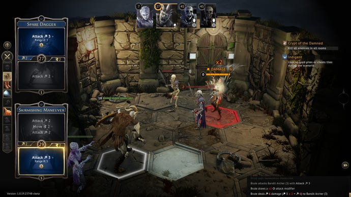 Fantasy mercenaries attack skeleton knights in Gloomhaven