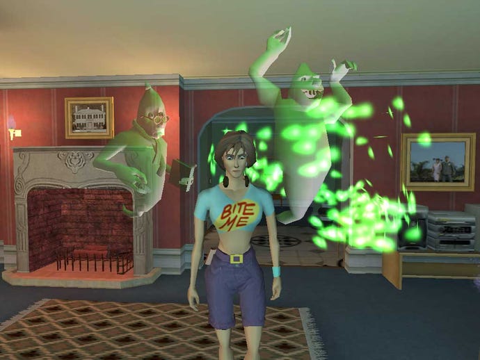 A human with a t-shirt that says Bite Me is surrounded by ghosts in a house in Ghost Master