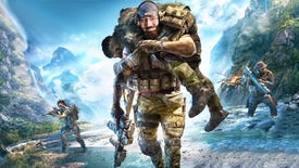 A member of the Ghost Recon: Breakpoint squad in the foreground, carrying a fallen soldier on his back. The squad member carrying a body also has the face of Gabe Newell.