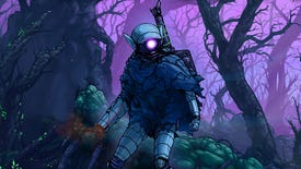 Artwork of a robot warrior in a purple forest from Ghost Song