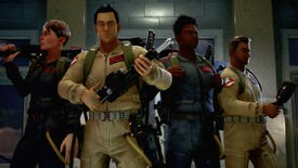 A screenshot of Ghostbusters: Spirits Unleashed showing four player-created ghostbusters ready to bust some ghosts.