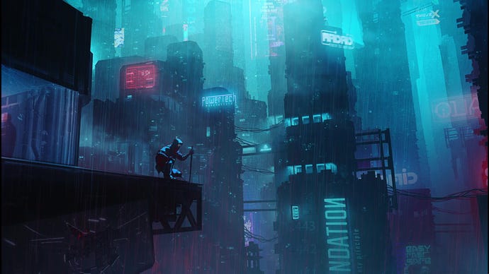 An animated shot of Jack kneeling, looking out at a cyberpunk city in Ghostrunner 2.