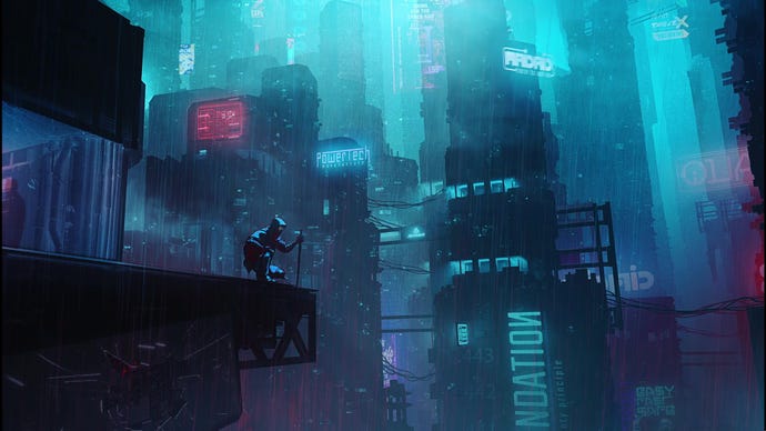 ghost runner guide An animated shot of Jack kneeling, looking out at a cyberpunk city in Ghostrunner 2.