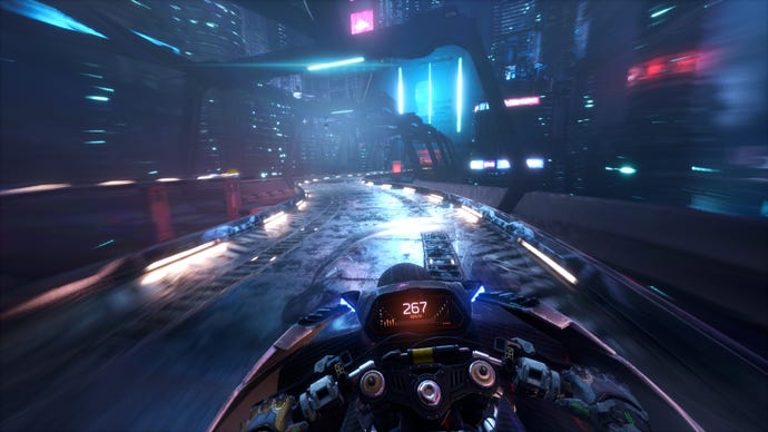 The player rides a motorcycle down a dark, night road in Ghostrunner 2