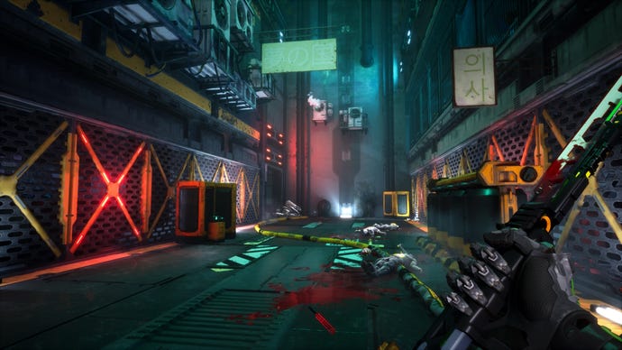The player holds a sword in front of several dead bodies on the ground in a cyberpunk city street in Ghostrunner 2