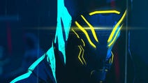 Close-up key art for Ghostrunner 2. We see the hooded face of a cyborg, which is glowing yellow in slits that form eyes and cheek bones and the character's mouth. Blue light lands on the side of the hood. It's a dingy, atmospheric shot.