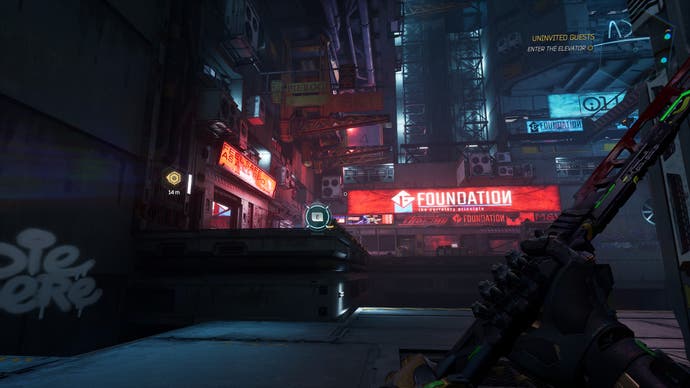 A cyberpunk exterior scene in Ghostrunner 2. We see glowing neon shop signs - one advertising Pierogi, which are Polish dumplings, mmm - and graffiti on the walls. It's our cyborg ninja's playground.