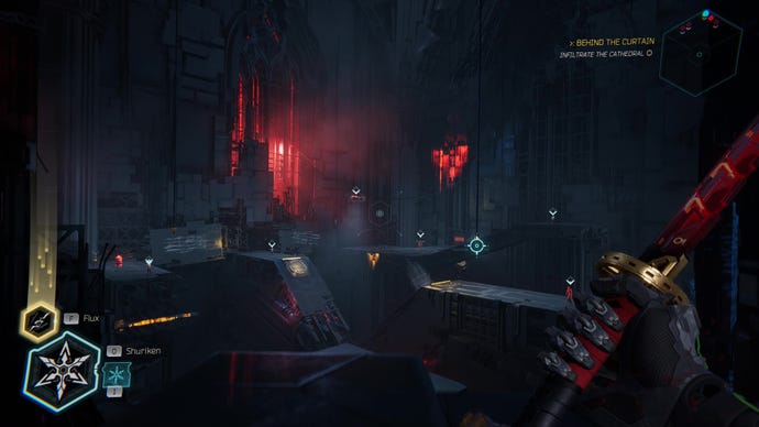 Une arène sombre remplie d'un mélange d'ennemis dans Ghostrunner 2.
