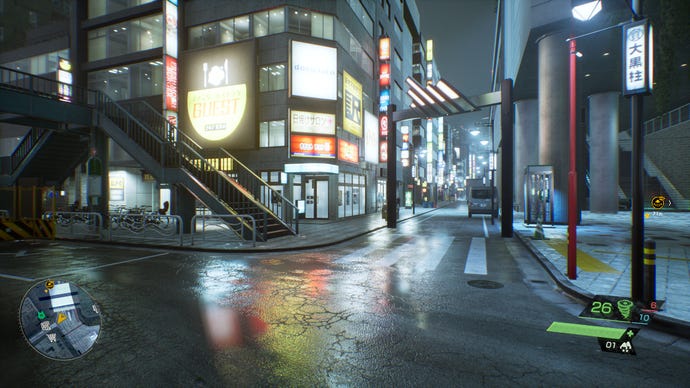 A scene from Ghostwire: Tokyo, showing most its lowest possible graphics settings.