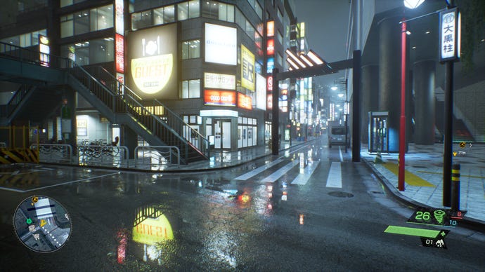 A scene from Ghostwire: Tokyo, showing most of its graphics settings on maximum with full ray tracing enabled.